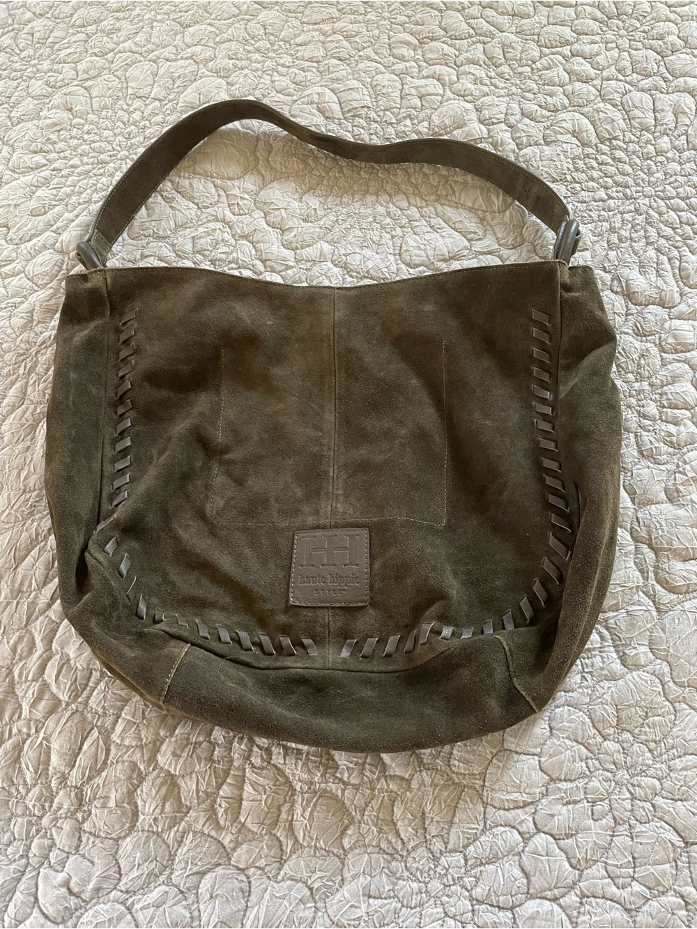 Cool Haute Hippie Suede Leather Hobo Olive Green Shoulder Bag Purse Festival